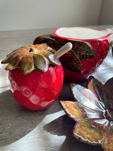 Strawberry Cream & Sugar Set with Jam Jar and Spoon Rest